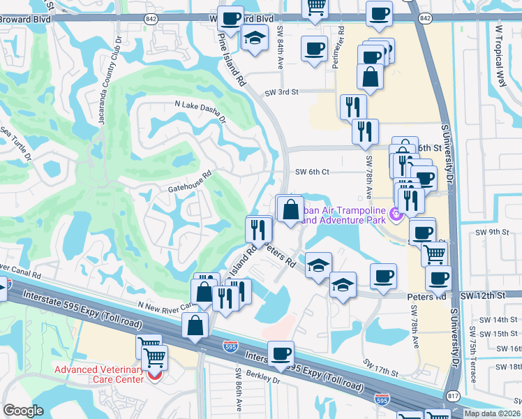 map of restaurants, bars, coffee shops, grocery stores, and more near 841 Southwest 87th Terrace in Plantation