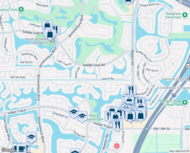map of restaurants, bars, coffee shops, grocery stores, and more near 631 Ranch Road in Weston