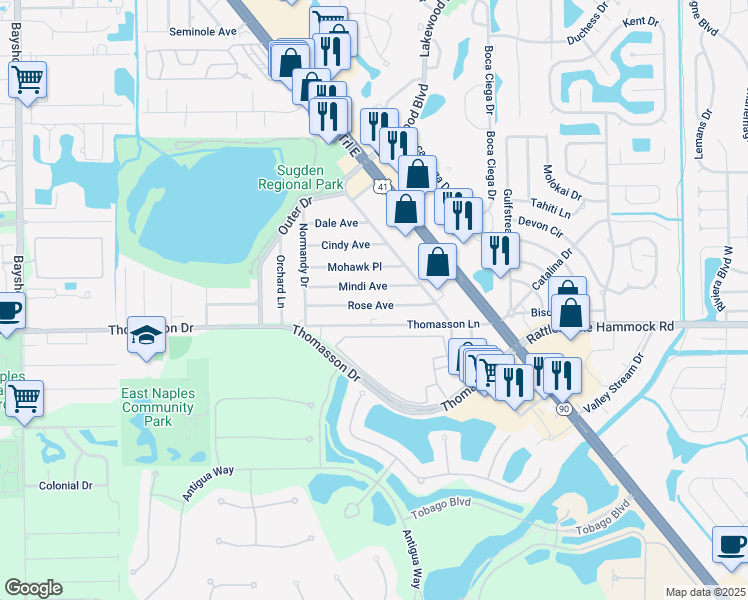 map of restaurants, bars, coffee shops, grocery stores, and more near 4210 Mindi Avenue in Naples