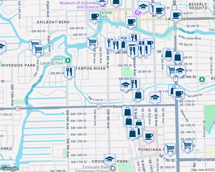 map of restaurants, bars, coffee shops, grocery stores, and more near 417 Southwest 10th Street in Fort Lauderdale