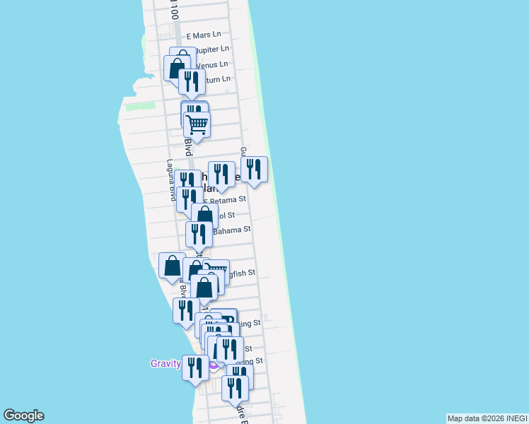 map of restaurants, bars, coffee shops, grocery stores, and more near 3516 Gulf Boulevard in South Padre Island
