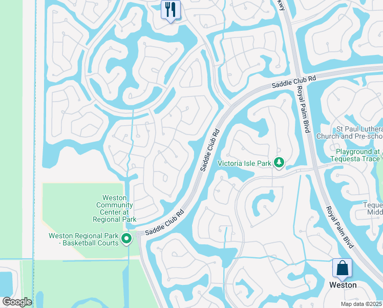 map of restaurants, bars, coffee shops, grocery stores, and more near 671 Nandina Drive in Weston