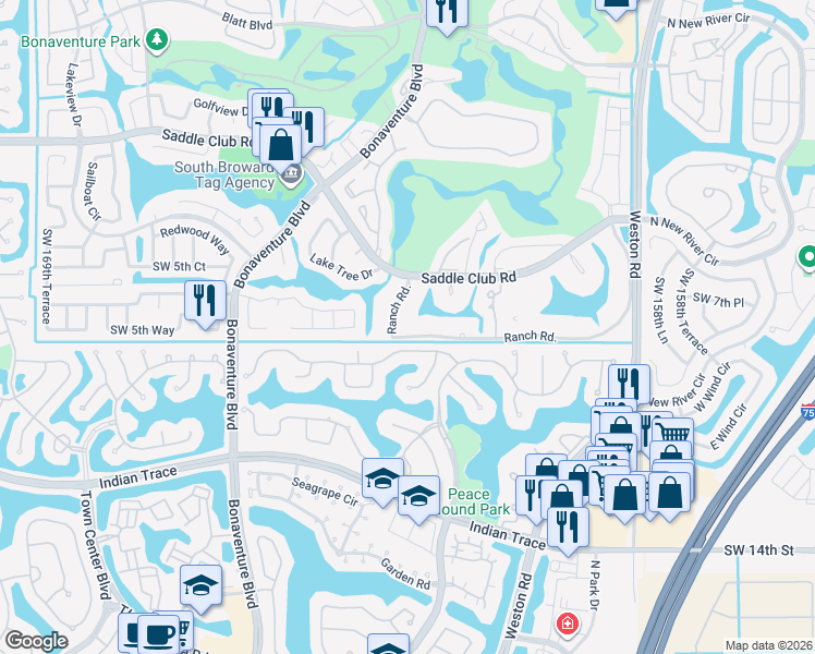 map of restaurants, bars, coffee shops, grocery stores, and more near 741 Ranch Road in Weston