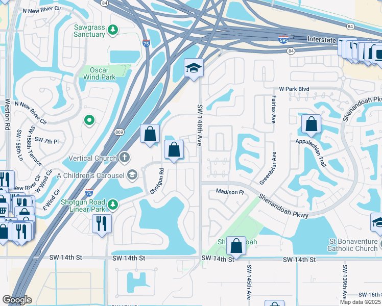 map of restaurants, bars, coffee shops, grocery stores, and more near 715 Southwest 148th Avenue in Davie