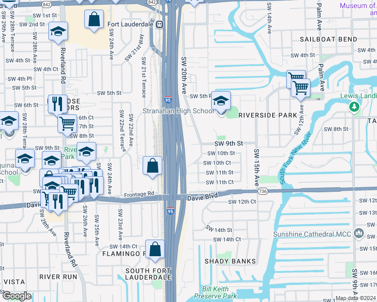 map of restaurants, bars, coffee shops, grocery stores, and more near 9 The Common in Fort Lauderdale