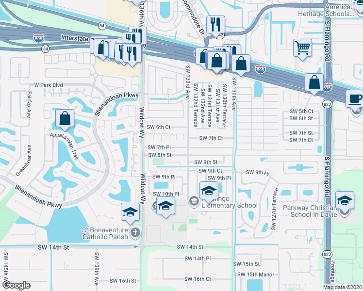 map of restaurants, bars, coffee shops, grocery stores, and more near 13331 Southwest 7th Place in Davie