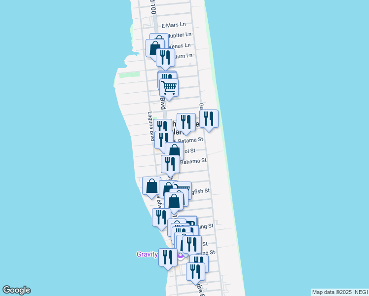 map of restaurants, bars, coffee shops, grocery stores, and more near 113 East Retama Street in South Padre Island