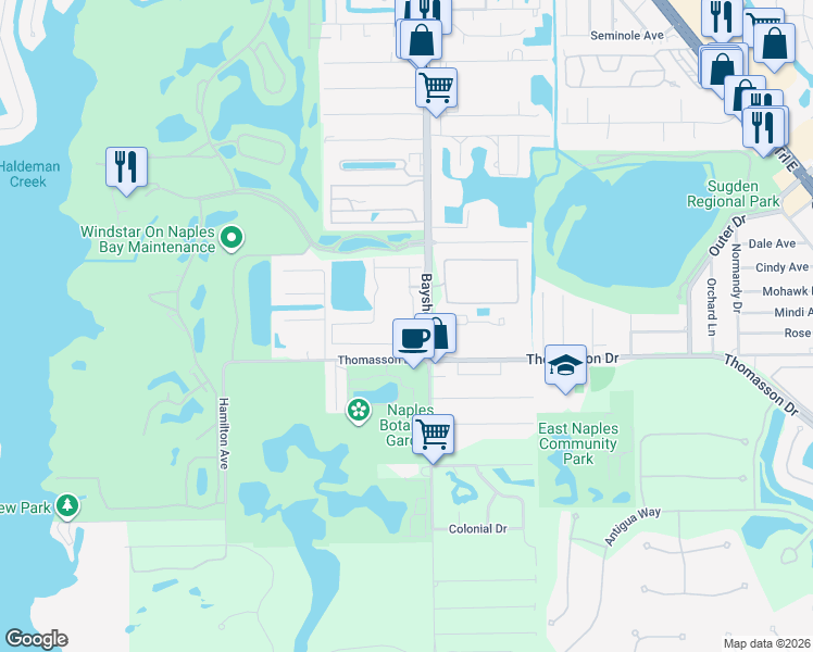 map of restaurants, bars, coffee shops, grocery stores, and more near 2765 Thomasson Drive in Naples