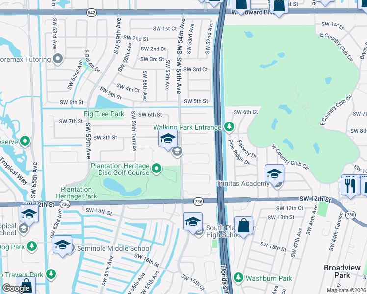 map of restaurants, bars, coffee shops, grocery stores, and more near 5370 Southwest 8th Court in Plantation
