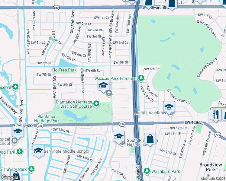 map of restaurants, bars, coffee shops, grocery stores, and more near 5370 Southwest 8th Court in Plantation