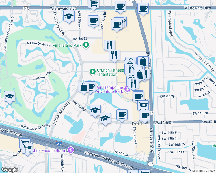 map of restaurants, bars, coffee shops, grocery stores, and more near 851 Southwest 78th Avenue in Plantation