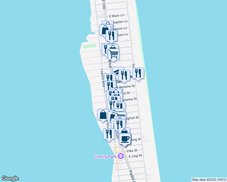 map of restaurants, bars, coffee shops, grocery stores, and more near Padre Boulevard in Cameron County
