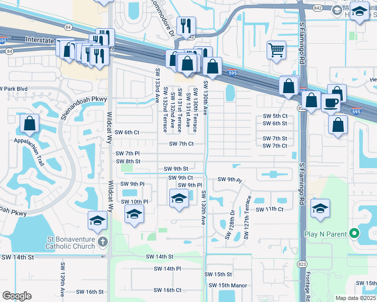 map of restaurants, bars, coffee shops, grocery stores, and more near 13060 Southwest 7th Court in Davie