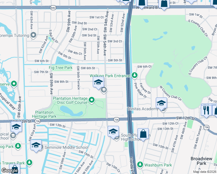 map of restaurants, bars, coffee shops, grocery stores, and more near 5370 Southwest 8th Court in Plantation