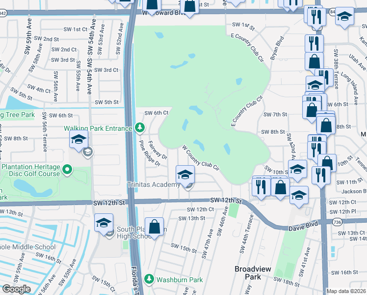 map of restaurants, bars, coffee shops, grocery stores, and more near 951 West Country Club Circle in Plantation