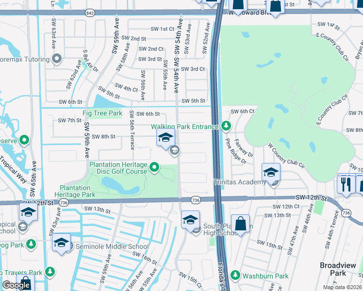 map of restaurants, bars, coffee shops, grocery stores, and more near 5370 Southwest 8th Court in Plantation
