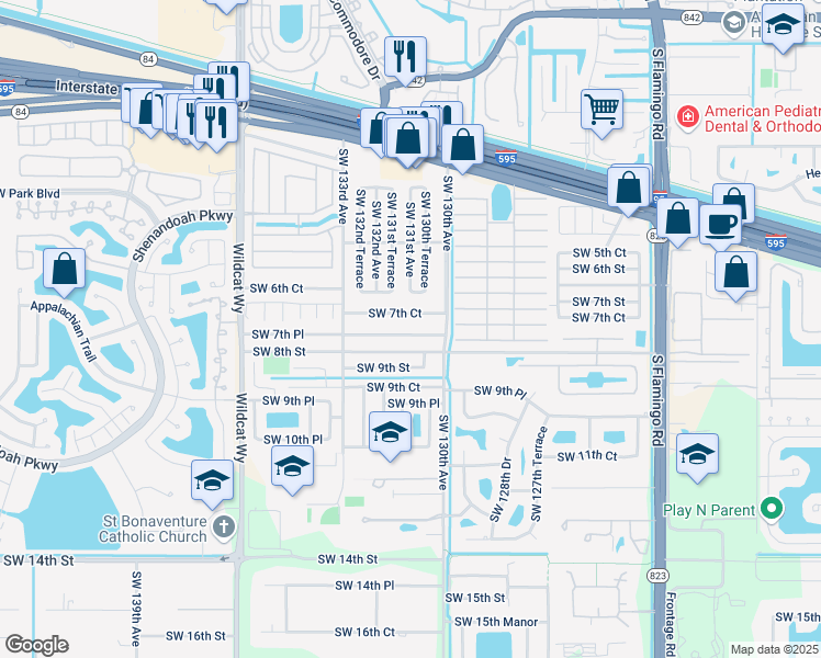 map of restaurants, bars, coffee shops, grocery stores, and more near 13060 Southwest 7th Court in Davie