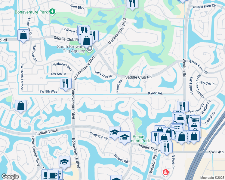 map of restaurants, bars, coffee shops, grocery stores, and more near 580 Royal Poinciana Court in Weston