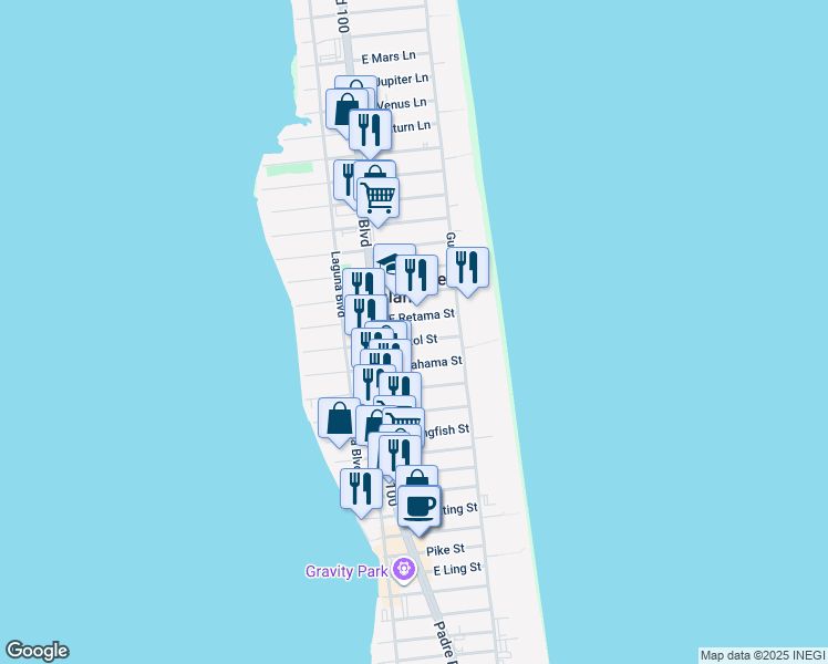 map of restaurants, bars, coffee shops, grocery stores, and more near 113 East Retama Street in South Padre Island