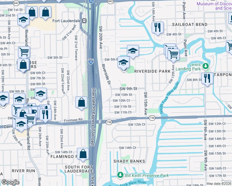 map of restaurants, bars, coffee shops, grocery stores, and more near 900 Riverside Drive in Fort Lauderdale