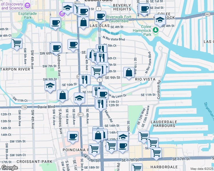map of restaurants, bars, coffee shops, grocery stores, and more near 626 South Rio Vista Boulevard in Fort Lauderdale