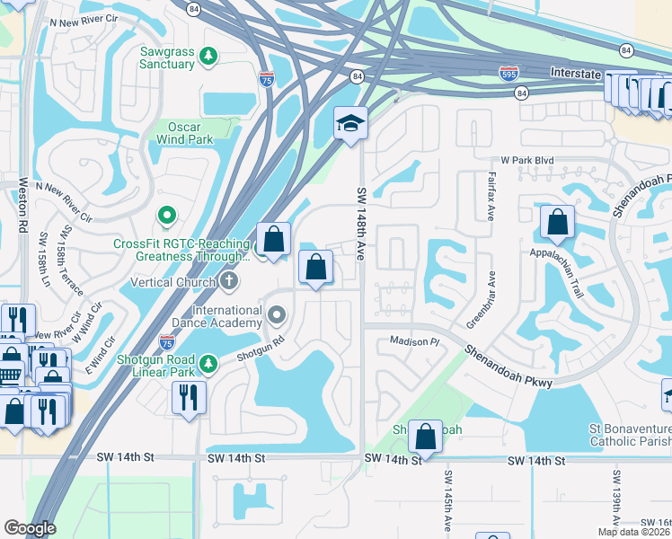 map of restaurants, bars, coffee shops, grocery stores, and more near 715 Southwest 148th Avenue in Davie