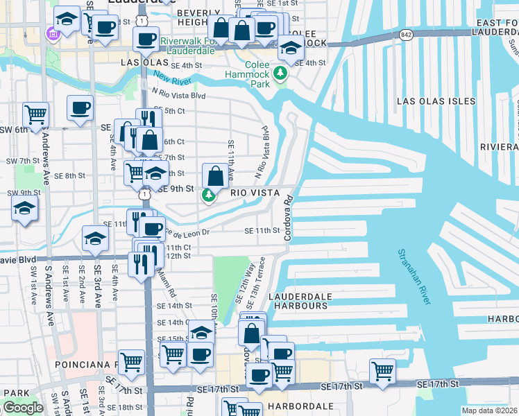 map of restaurants, bars, coffee shops, grocery stores, and more near 1305 Ponce De Leon Drive in Fort Lauderdale