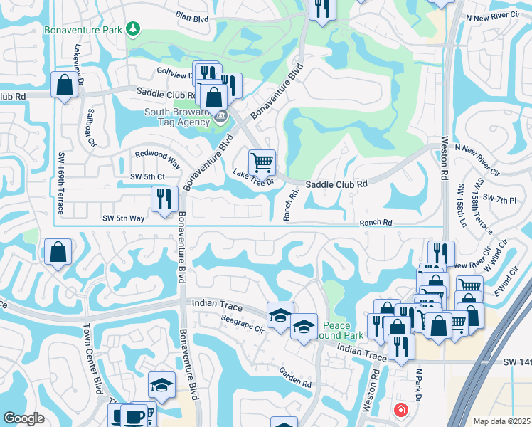 map of restaurants, bars, coffee shops, grocery stores, and more near 580 Royal Poinciana Court in Weston
