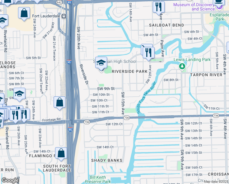 map of restaurants, bars, coffee shops, grocery stores, and more near 1600 Southwest 9th Street in Fort Lauderdale