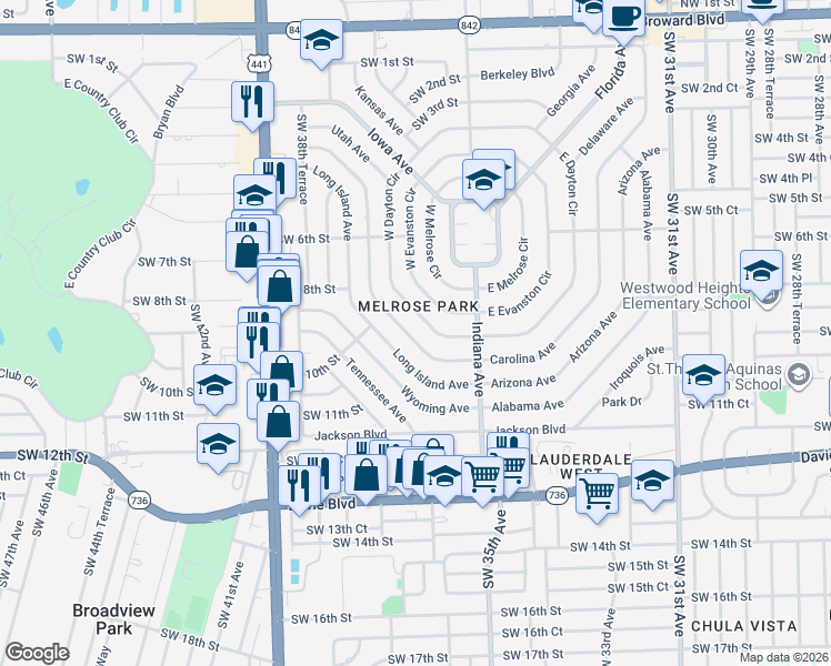 map of restaurants, bars, coffee shops, grocery stores, and more near 836 Pennsylvania Avenue in Fort Lauderdale