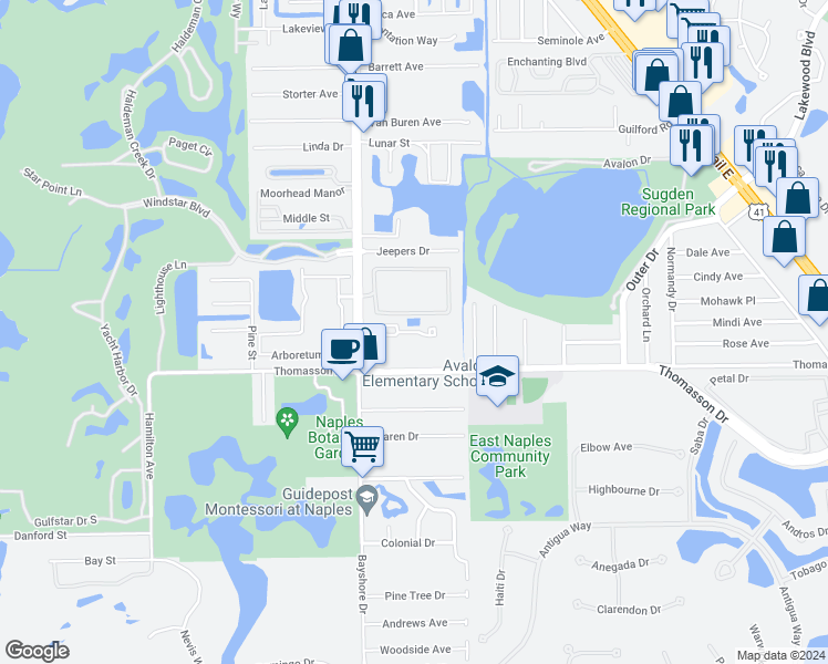 map of restaurants, bars, coffee shops, grocery stores, and more near 4609 Bayshore Drive in Naples
