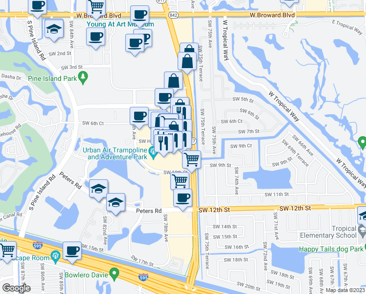 map of restaurants, bars, coffee shops, grocery stores, and more near 810 South University Drive in Plantation