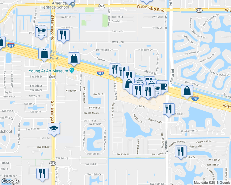 map of restaurants, bars, coffee shops, grocery stores, and more near 799 Southwest 117th Avenue in Davie