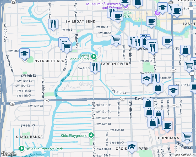 map of restaurants, bars, coffee shops, grocery stores, and more near 835 Southwest 10th Street in Fort Lauderdale