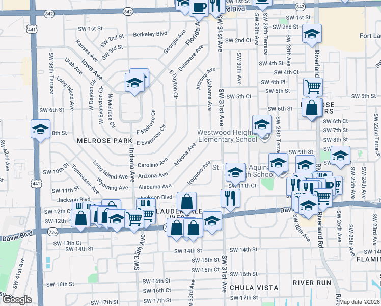 map of restaurants, bars, coffee shops, grocery stores, and more near 850 Arizona Avenue in Fort Lauderdale