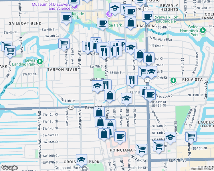 map of restaurants, bars, coffee shops, grocery stores, and more near 3 Southeast 10th Street in Fort Lauderdale
