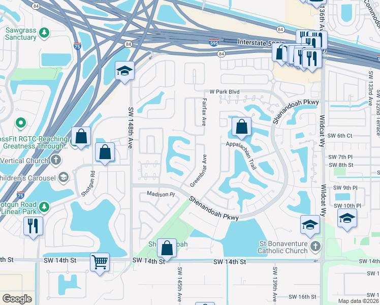 map of restaurants, bars, coffee shops, grocery stores, and more near 14450 Hampton Place in Davie