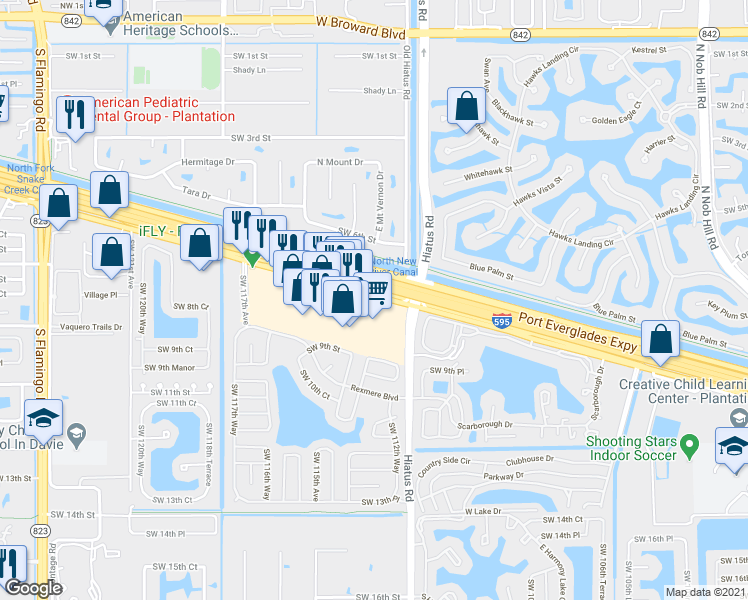 map of restaurants, bars, coffee shops, grocery stores, and more near 11332 Rte 84 in Davie
