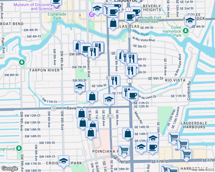 map of restaurants, bars, coffee shops, grocery stores, and more near 222 Southeast 10th Street in Fort Lauderdale