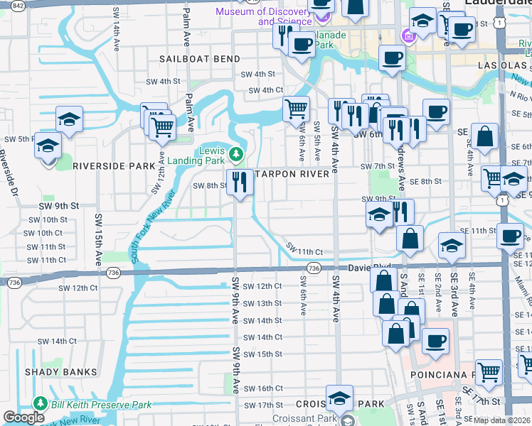 map of restaurants, bars, coffee shops, grocery stores, and more near 916 Southwest 8th Avenue in Fort Lauderdale