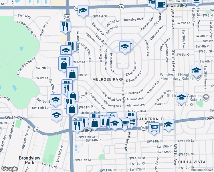 map of restaurants, bars, coffee shops, grocery stores, and more near 836 Pennsylvania Avenue in Fort Lauderdale
