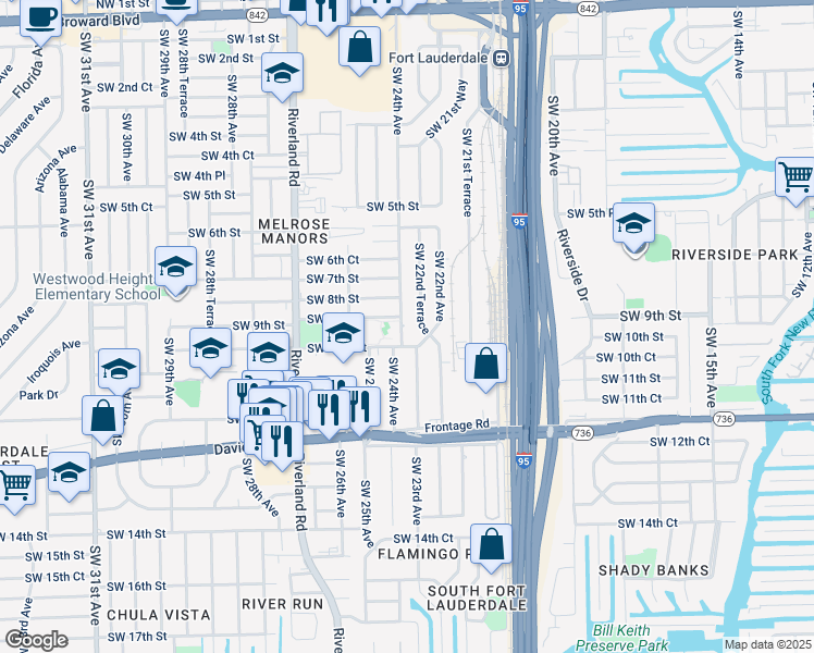 map of restaurants, bars, coffee shops, grocery stores, and more near 904 Southwest 24th Avenue in Fort Lauderdale