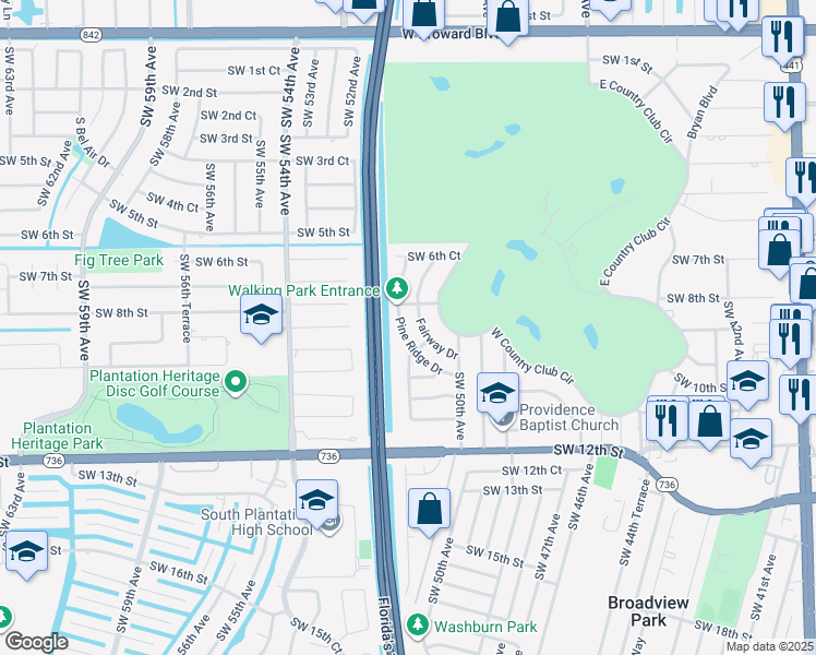 map of restaurants, bars, coffee shops, grocery stores, and more near 848 Pine Ridge Dr in Plantation