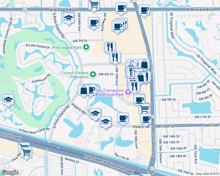 map of restaurants, bars, coffee shops, grocery stores, and more near 851 Southwest 78th Avenue in Plantation