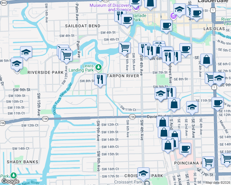 map of restaurants, bars, coffee shops, grocery stores, and more near 916 Southwest 8th Avenue in Fort Lauderdale