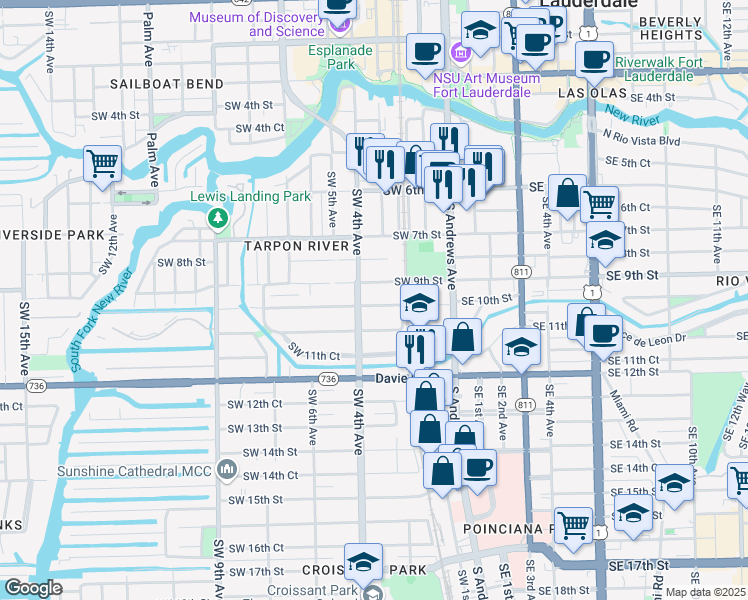 map of restaurants, bars, coffee shops, grocery stores, and more near 309 Southwest 10th Street in Fort Lauderdale