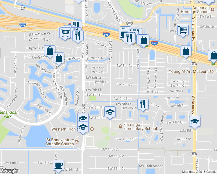 map of restaurants, bars, coffee shops, grocery stores, and more near 740 Southwest 133rd Terrace in Davie