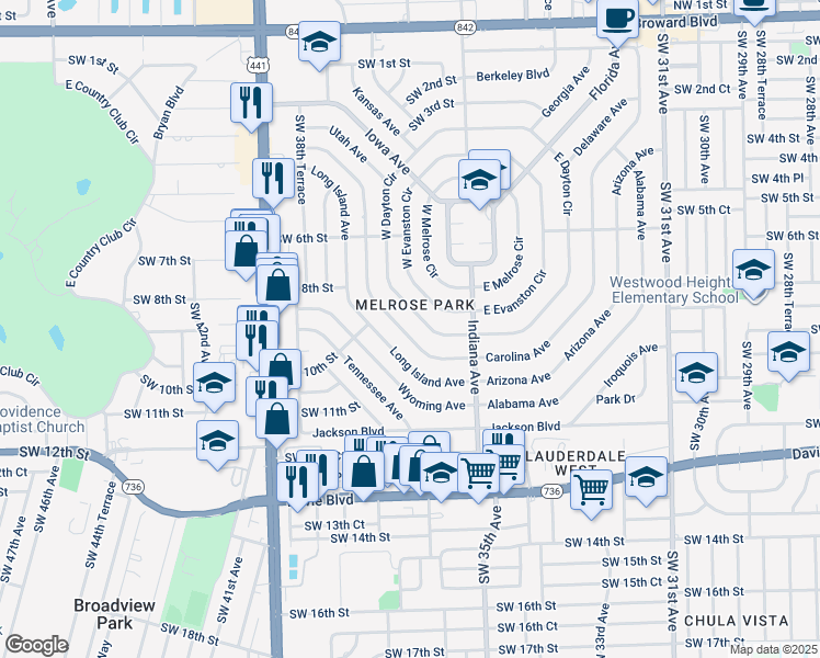 map of restaurants, bars, coffee shops, grocery stores, and more near 836 Pennsylvania Avenue in Fort Lauderdale