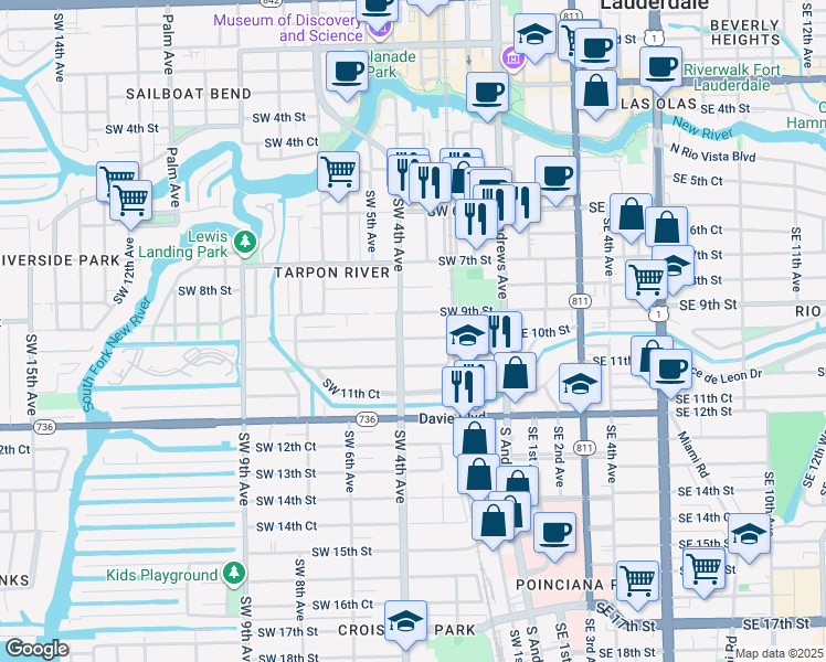 map of restaurants, bars, coffee shops, grocery stores, and more near 309 Southwest 10th Street in Fort Lauderdale