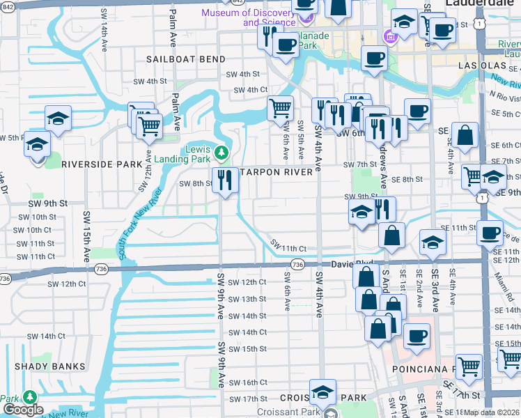 map of restaurants, bars, coffee shops, grocery stores, and more near 916 Southwest 8th Avenue in Fort Lauderdale